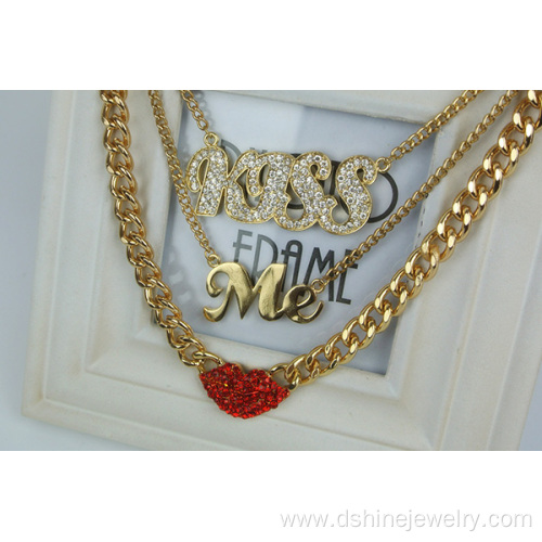 Alloy Kiss Me Chain With Lip Charm Chain Necklace For Women